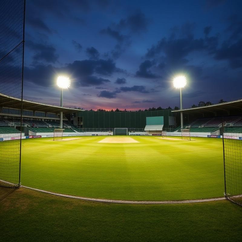 Floodlit cricket ground at dusk